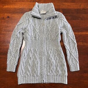 SAOL Ladies Irish Merino Wool Cable Aran Cardigan Trinity Knot Gray EUC!